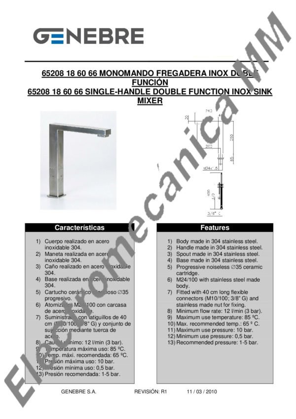 Monocomando Mesada Inox Cubik – Genebre – Artículo 65208 18 60 66