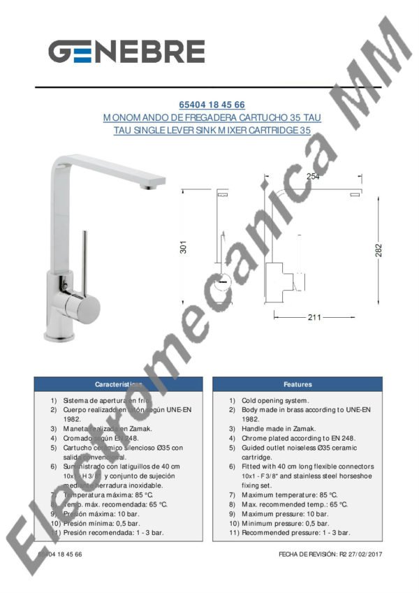 Monocomando Mesada Extensible – Genebre – Artículo 65404 18 45 66