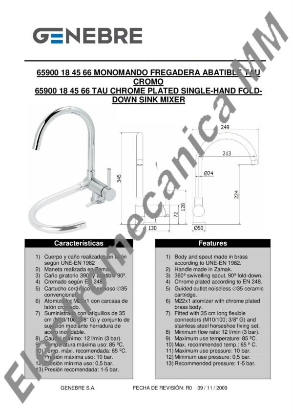 Monocomando Mesada Abatible – Genebre – Artículo 61900 28 45 66