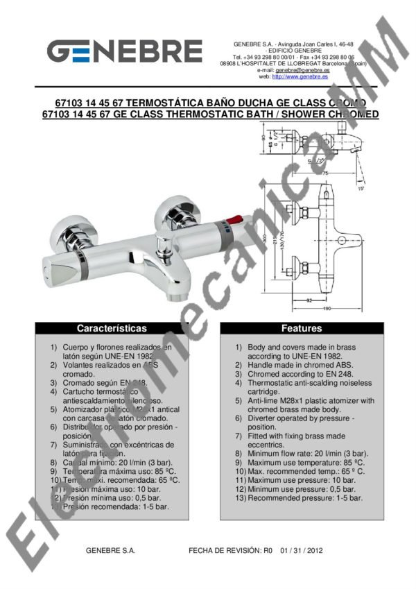 Termostática Baño – Genebre – Artículo 67103 14 45 67