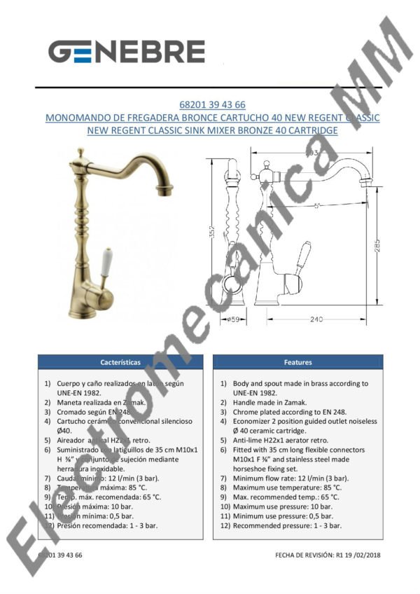 Monocomando Mesada Bronce – Genebre – Artículo 68201 39 43 66