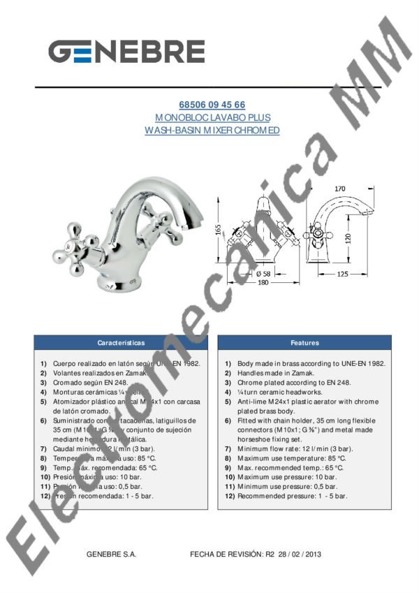Monoblock Lavatorio Cromo – Genebre – Artículo 68506 09 45 66