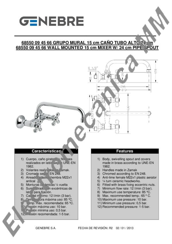 Fregadera Pared Tubo “U” Caño 24cm – Genebre – Artículo 68555 09 45 66