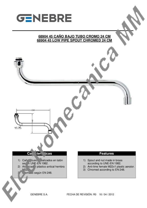 Caño Tubo “S” 24cm – Genebre – Artículo 68904 45