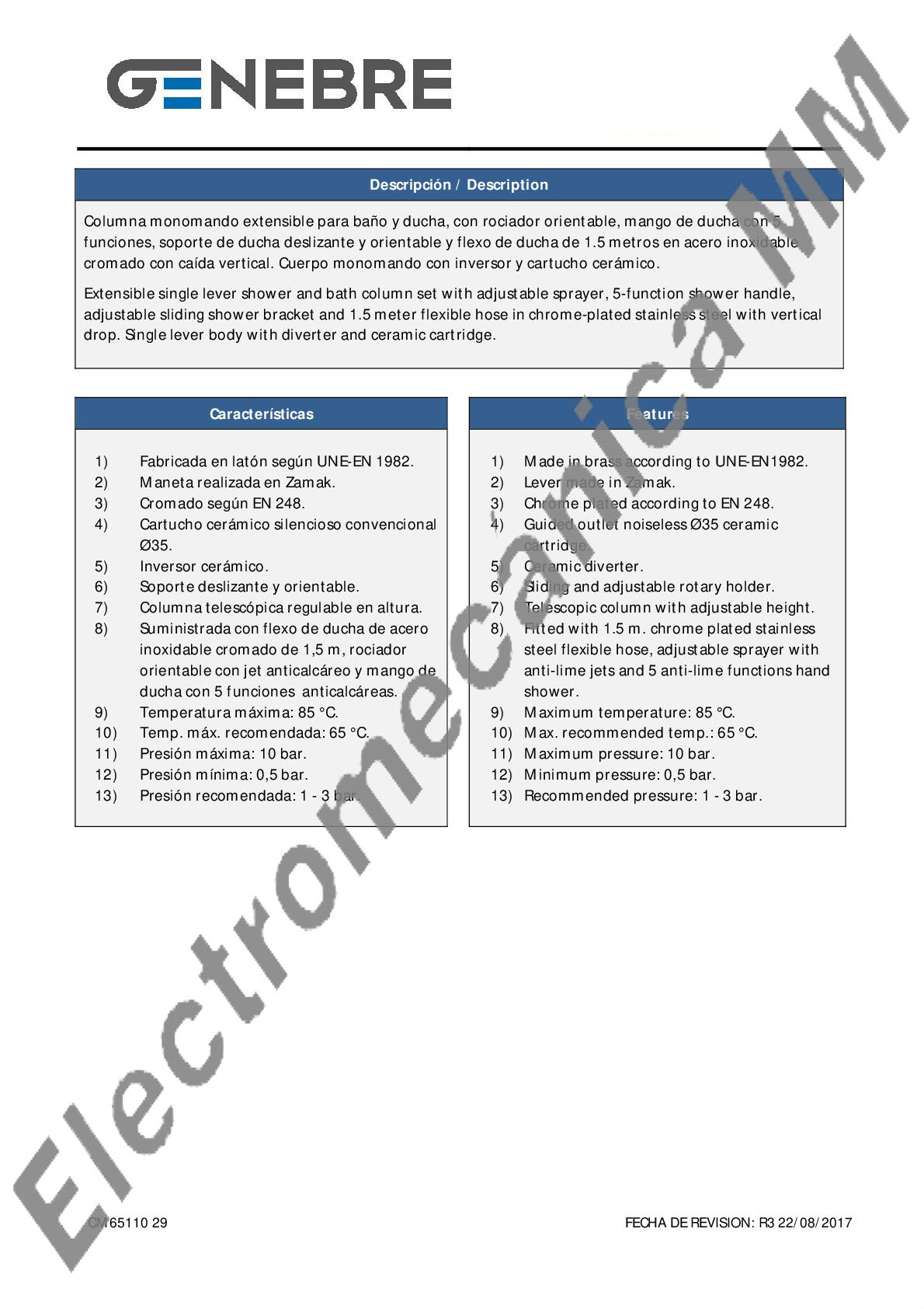 Columna Monocomando Extensible Con KIT – Genebre – Artículo CM65110 29
