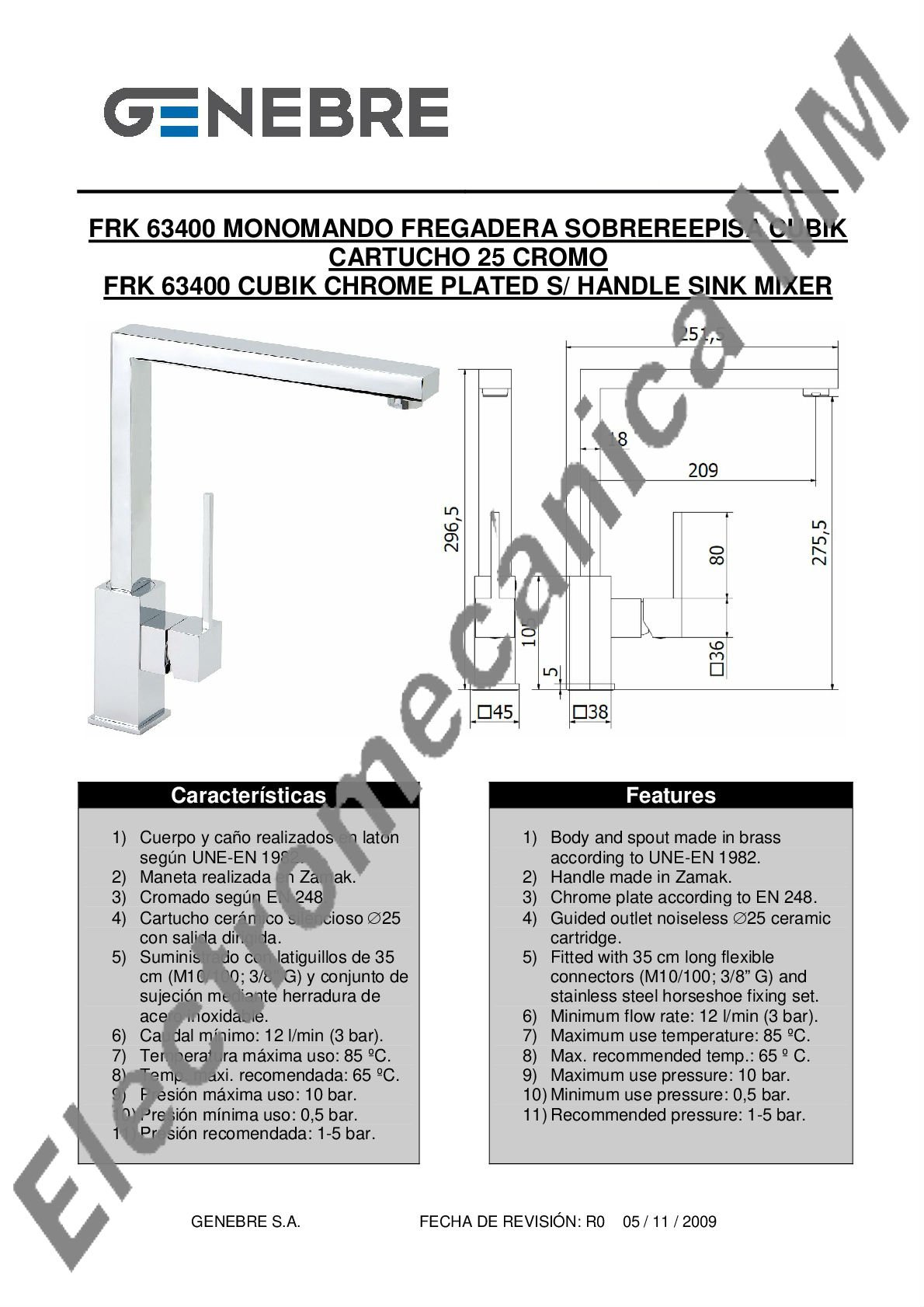 Monocomando Mesada Cartucho Ø25 – Genebre – Artículo FRK63400
