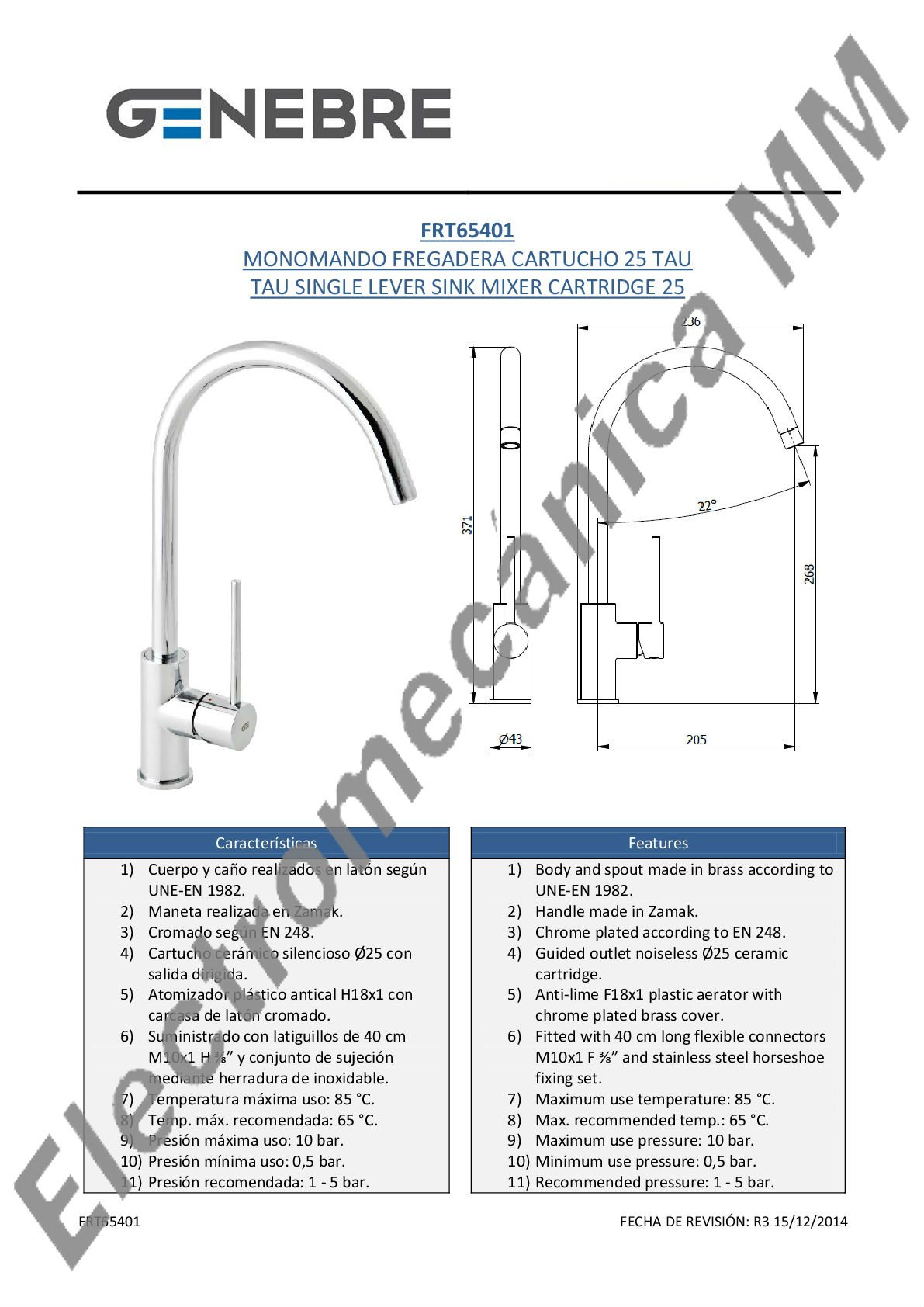 Monocomando Mesada Esferik Caño 20mm – Genebre – Artículo FRT65401