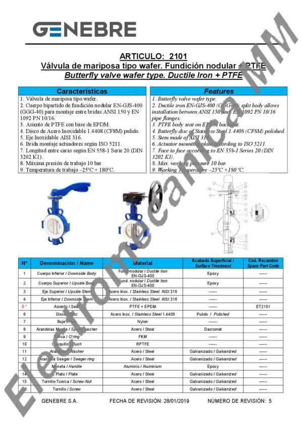 Válvula Mariposa Tipo Wafer 5″ – Genebre – Artículo 2101