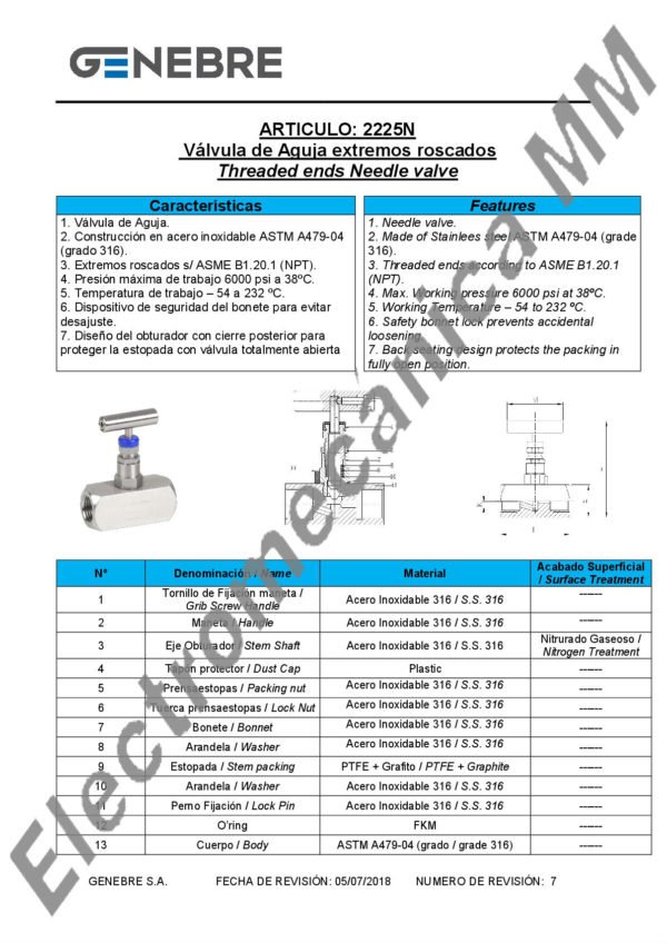 Válvula Aguja 6000 PSI Inox NPT H-H 1/2″ – Genebre – Artículo 2225N