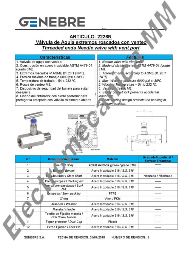 Válvula Aguja 6000 PSI Inox NPT M-H C/Purga 1/2″ – Genebre – Artículo 2226N