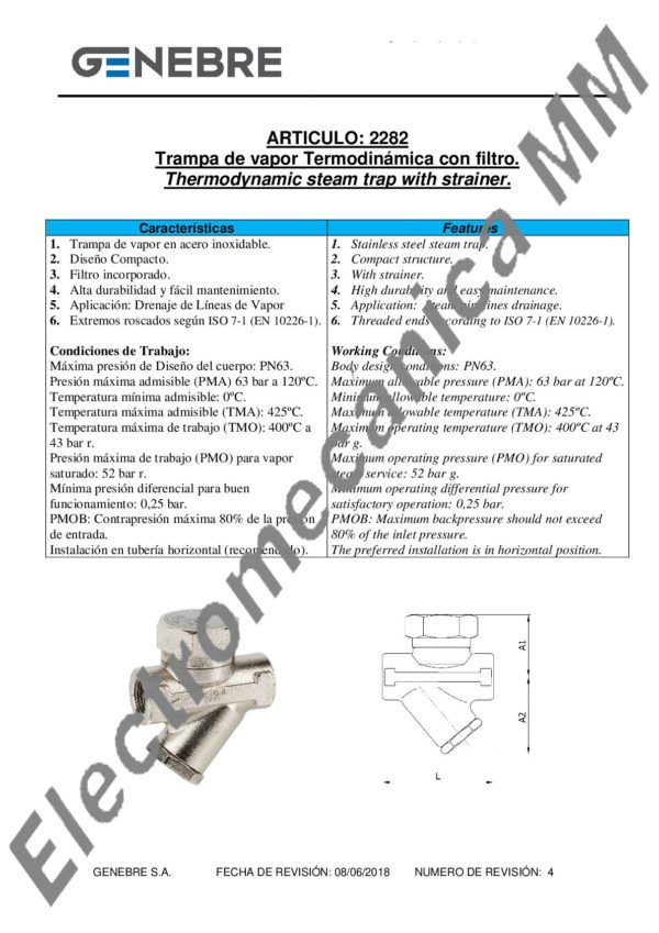 Trampa Termodinámica Con Filtro Incorporado 1/2″ – Genebre – Artículo 2282