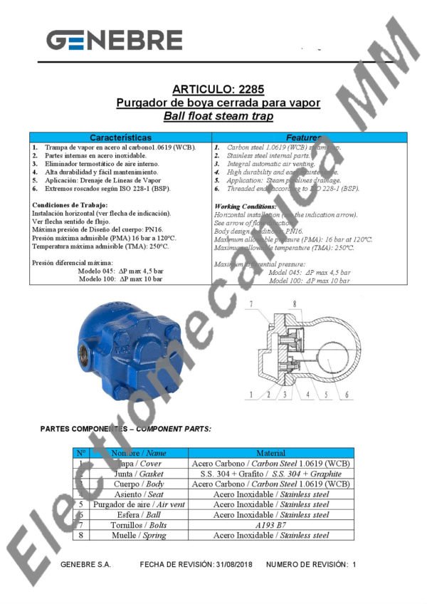 Purgador de Boya Cerrada para Vapor BSP 1″ – Genebre – Artículo 2285