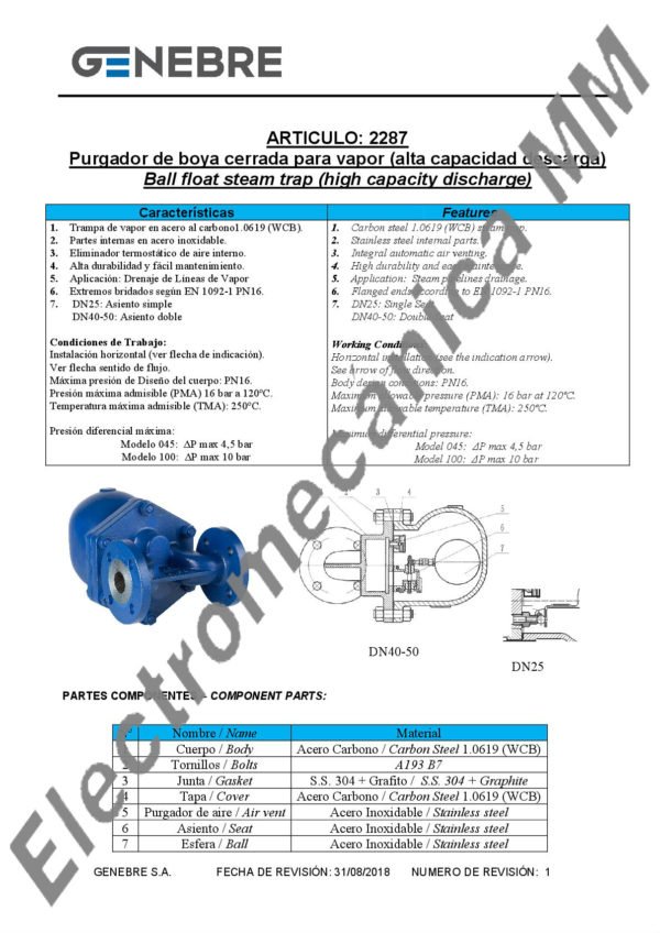 Purgador de Boya Cerrada para Vapor Bridada 1 1/2″” – Genebre – Artículo 2287