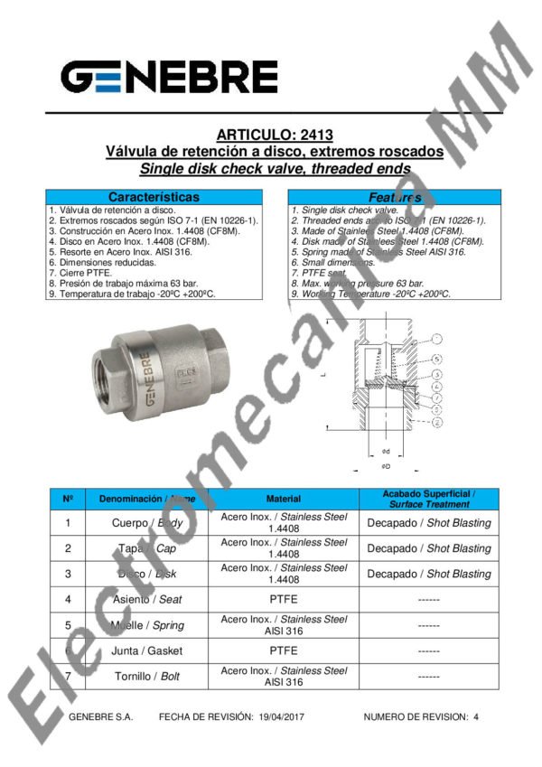 Válvula de Retención a Disco PN63 3/4″ – Genebre – Artículo 2413