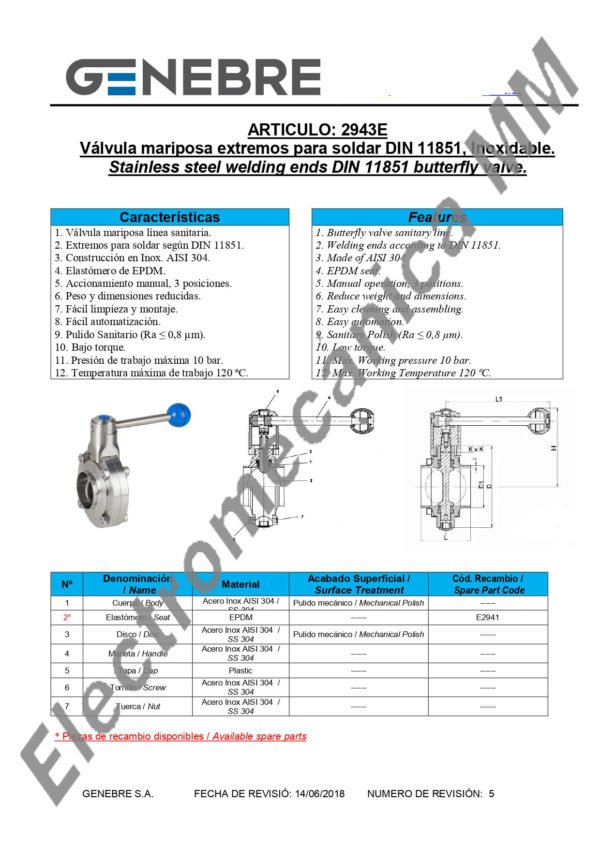 Válvula Mariposa Extremos Soldar / Soldar Inoxidable 1 1/4″ DN 32 – Genebre – Artículo 2943E