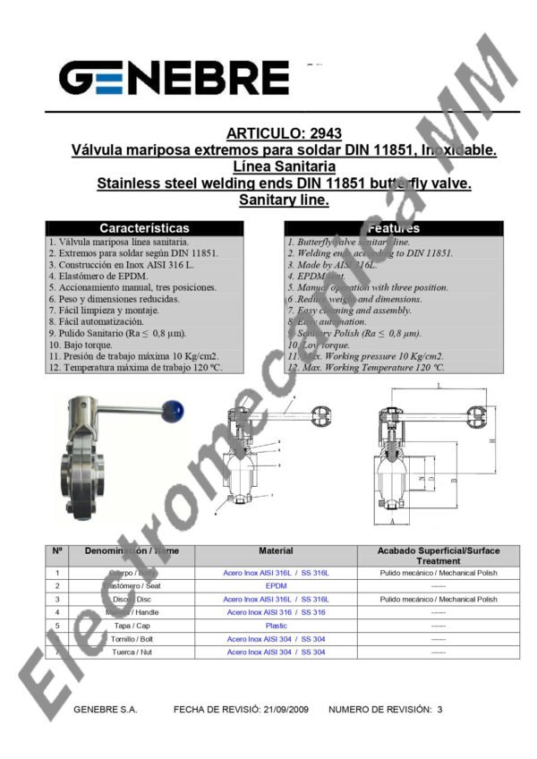 Válvula Mariposa Extremos Soldar / Soldar Inoxidable 1 1/4″ – Genebre – Artículo 2943