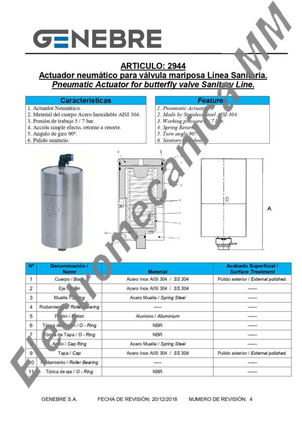 Actuador Neumático Simple Efecto Inoxidable – Genebre – Artículo 2944