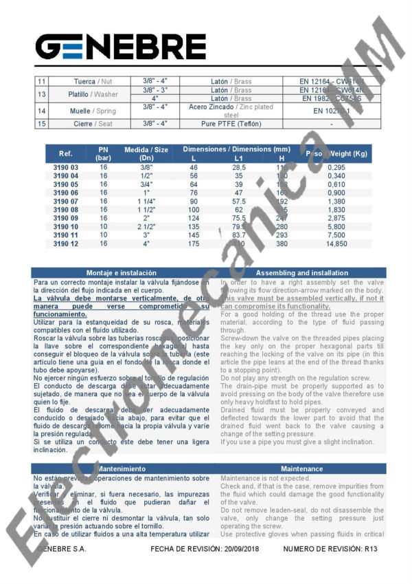 Válvula Alivio Presión Escape Conducido 2 1/2″ – Genebre – Artículo 3190