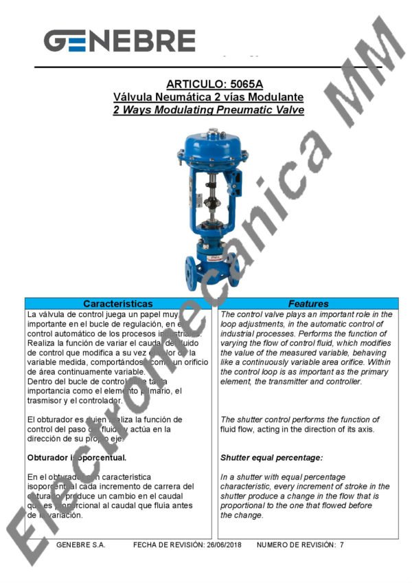 Válvula Neumática 2 Vías Modulante 4″ – Genebre – Artículo 5065A