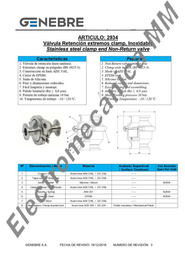 Válvula Retención Extremos Clamp Inoxidable 1 1/2” – Genebre – Artículo 2934