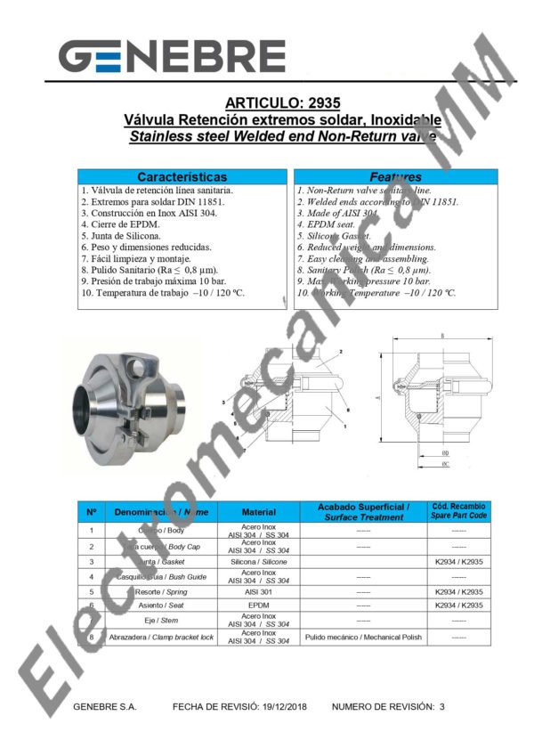 Válvula Retención Extremos Soldar Inoxidable 2″ – DN 50 – Genebre – Artículo 2935