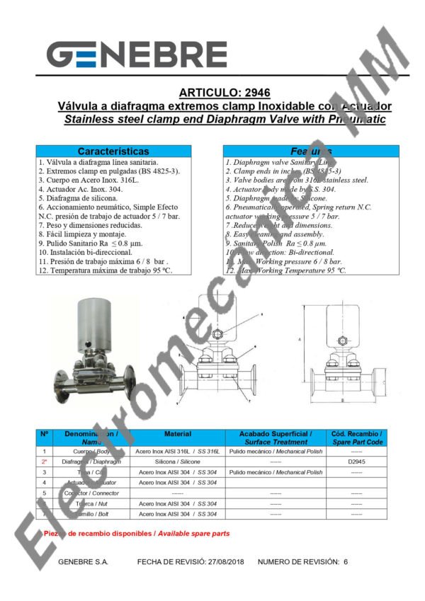 Válvula a diafragma extremos clamp Inoxidable 2” – Genebre – Artículo 2946