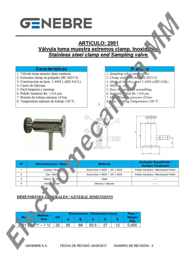 Válvula Para Toma de Muestras Extremos Clamp Inoxidable 1” – 1 1/2” – Genebre – Artículo 2951