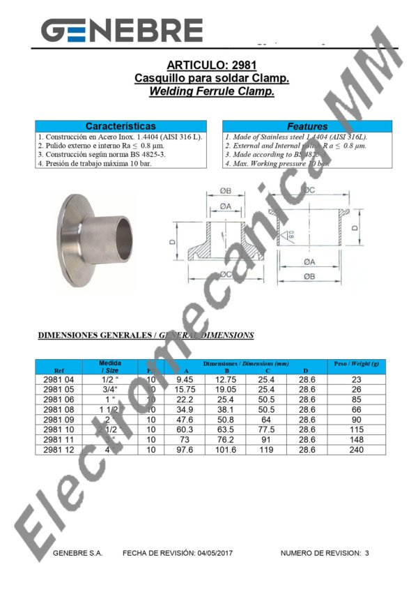 Casquillo Para Soldar Clamp Inoxidable 1/2” – Genebre – Artículo 2981