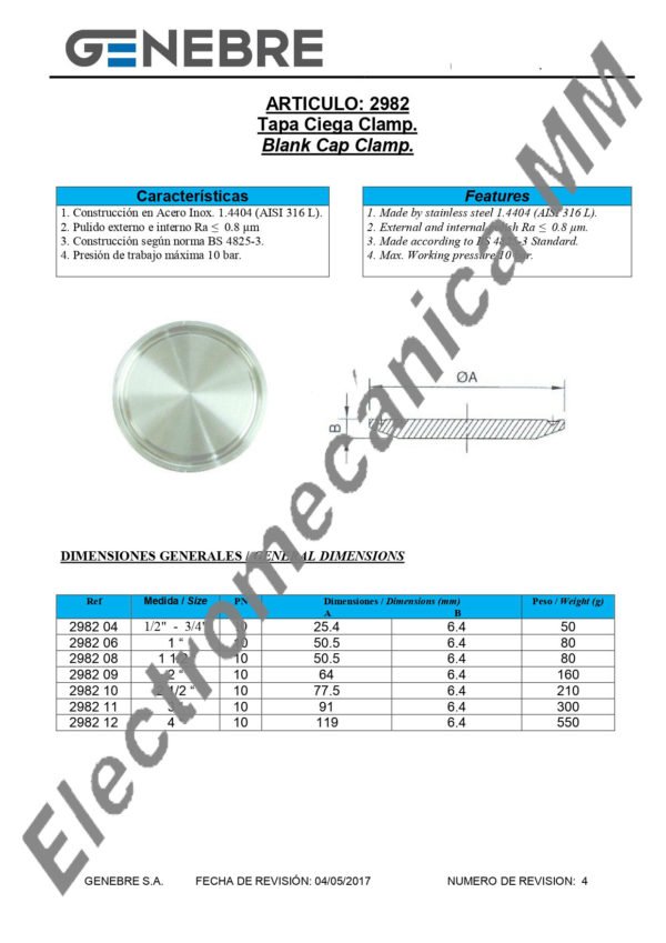 Tapa Ciega Clamp Inoxidable 1/2” – Genebre – Artículo 2982