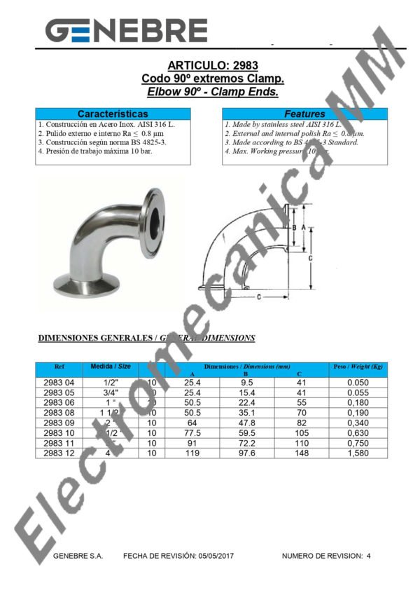 Codo 90º Clamp Inoxidable 3” – Genebre – Artículo 2983