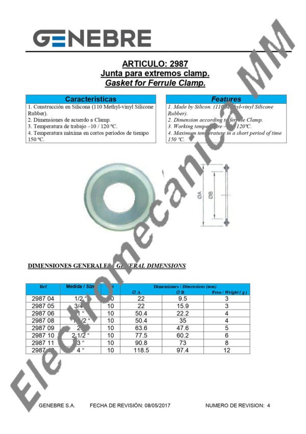 Junta de Silicona Inoxidable 1” – Genebre – Artículo 2987